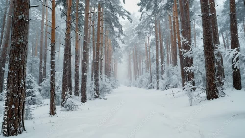 Snow Covered Forest Path Surrounded by Tall Pine Trees in Winter Landscape
Snow Covered Forest Path Surrounded by Tall Pine Trees in Winter Landscape
