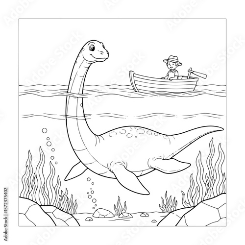 loch ness monster and fisherman in lake illustration