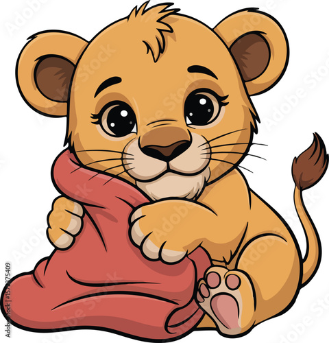 Adorable lion cub snuggling with a blanket transparent isolated png vector