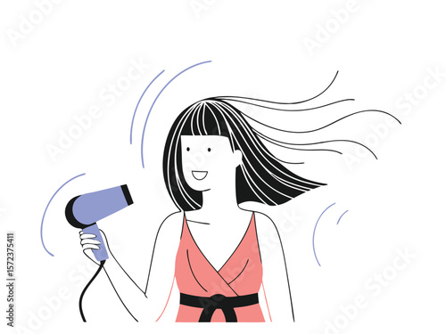 Illustration of a woman drying her hair with a hairdryer in flat design style