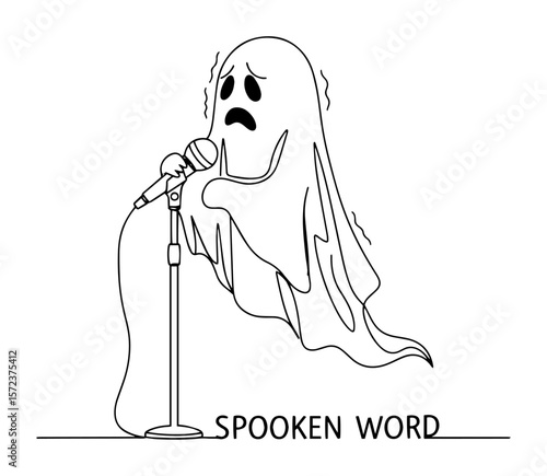 ghost performing spoken word comedy on microphone