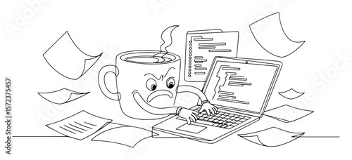 angry coffee cup coding at laptop with flying papers