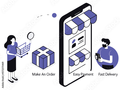 Isometric illustration of mobile e commerce process with easy ordering and fast delivery