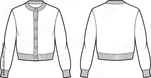 Flat vector CAD drawing of button-up crew neck cardigan with ribbed hem and cuffs, technical front and back fashion sketch design