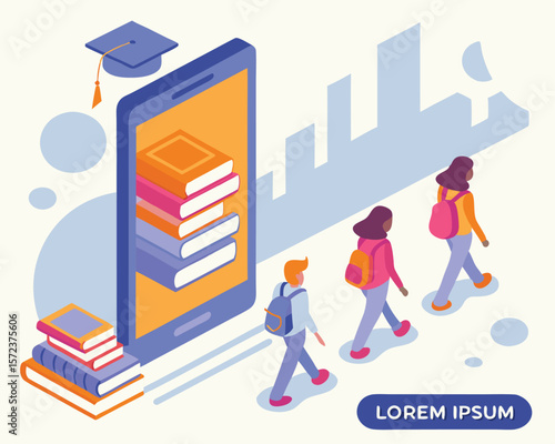 Modern isometric education concept featuring students smartphone and books
