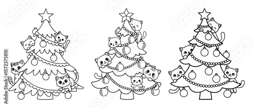 cute christmas trees with cats set coloring page vector