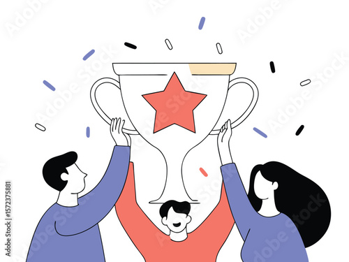 Team celebrates victory by holding up trophy representing success achievement