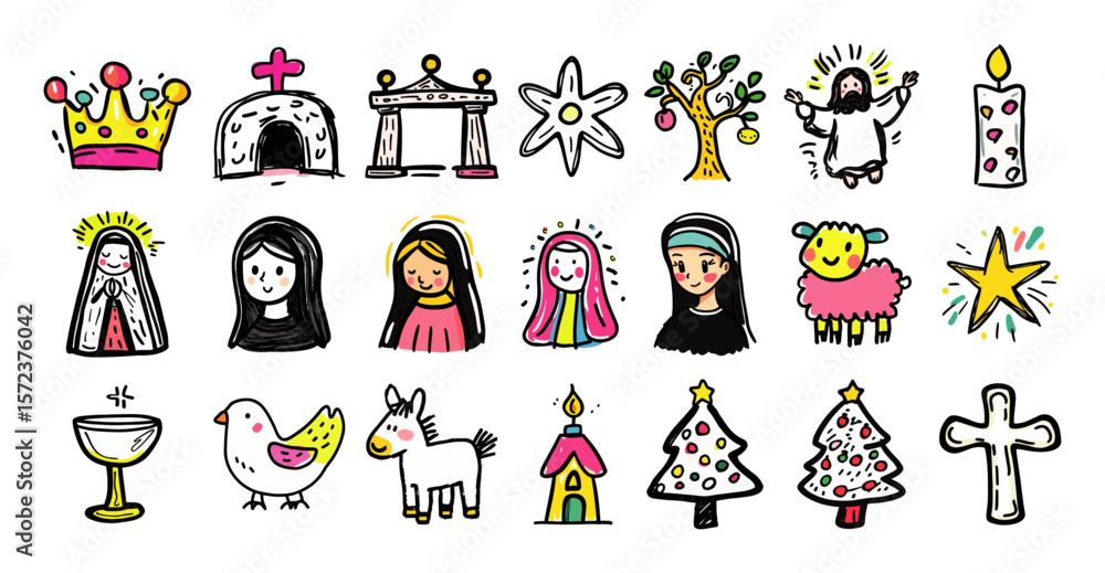 Fototapeta premium christian religion and nativity doodle icons set vector