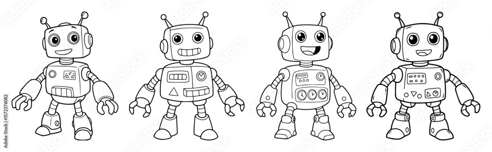 Fototapeta premium cute cartoon robots set coloring page vector