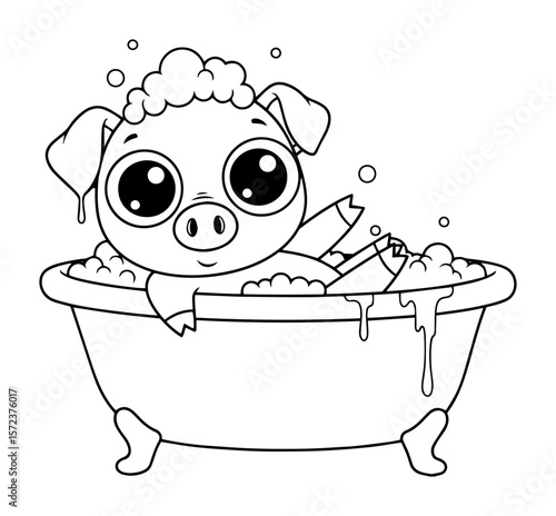 cute pig taking a bath coloring page cartoon vector