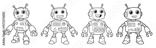 cute cartoon robots set coloring page vector