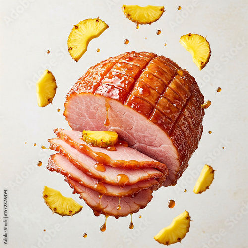 An appetizing baked ham with honey glaze, sliced, and pineapple pieces suspended in the air