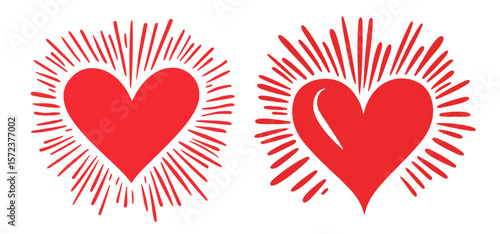 red hearts with shining sunburst effect vector set