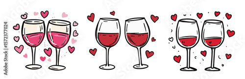 cute wine glass couples in love valentine's day vector set