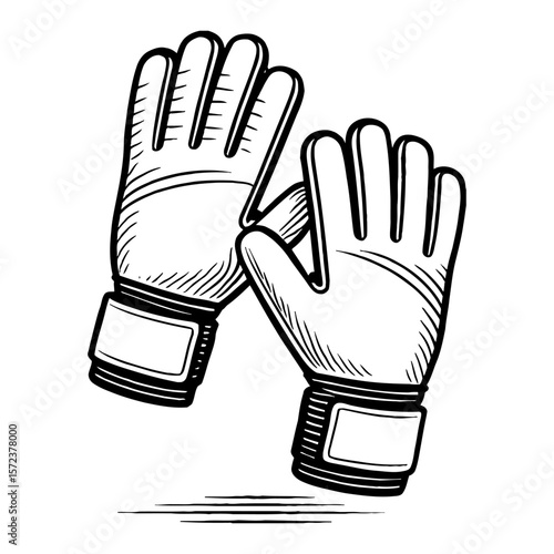 Two Goalkeeper Sports Gloves Pair Black and White Outline Line Art Drawing Illustration Vintage Style Icon