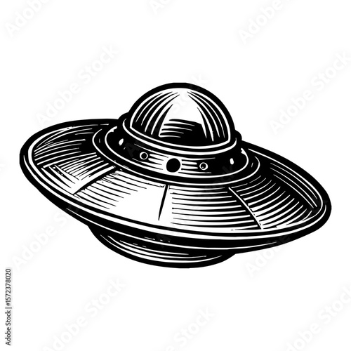 Retro Engraved Flying Saucer UFO Spacecraft Object Black and White Outline Line Art Drawing Isolated Style