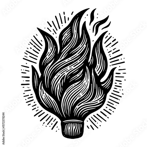 Flame Fire Torch Light Black and White Outline Line Art Drawing Vector Graphic Illustration