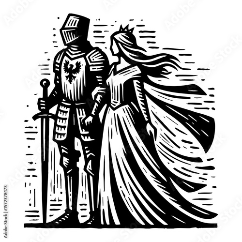 King and Queen Holding Hands in Antique Black and White Outline Line Art Drawing Illustration