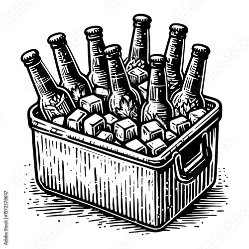 Refreshing Cooler Box Filled with Chilled Beer Bottles and Ice Cubes Black and White Outline Line Art Drawing