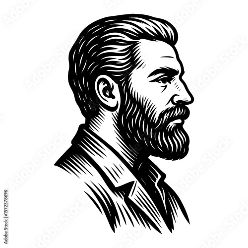 Bearded Man Profile View Black and White Outline Line Art Drawing Retro Engraving Style Artwork