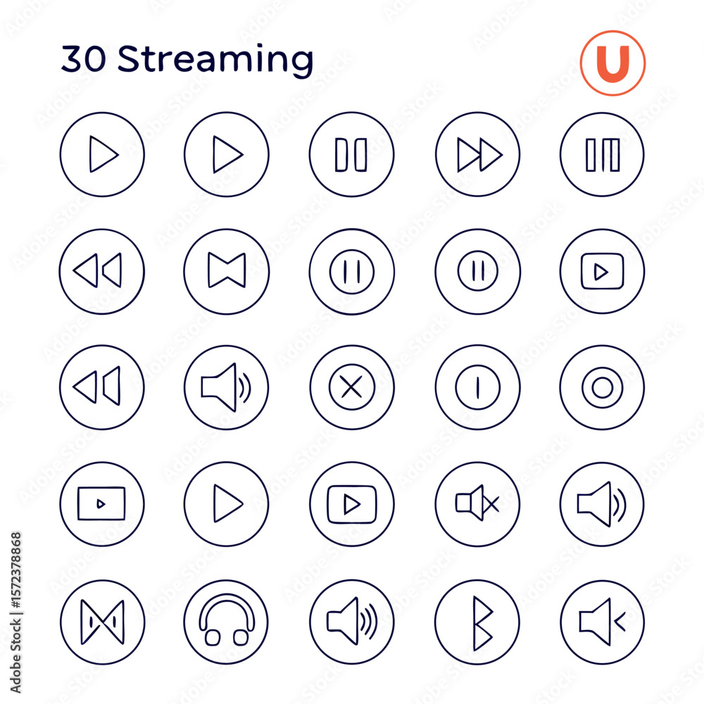 A collection of thirty streaming icons displaying various media player controls and symbols in a grid format A collection of thirty streaming icons displaying various media player controls and symbols in a grid format