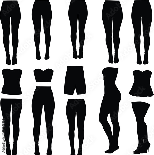 Vector illustration set of female body and leg silhouettes in various forms of clothing including pants, shorts, and corsets, ideal for fashion, apparel, and bodywear concepts on white background.
