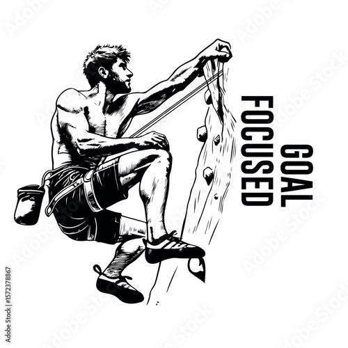 A bold black and white illustration of a rock climber determinedly reaching for the top. This artwork captures strength, focus, and the fearless spirit of chasing goals.