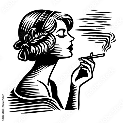 Elegant Vintage Woman Smoking Cigarette Side Profile Black and White Outline Line Art Drawing