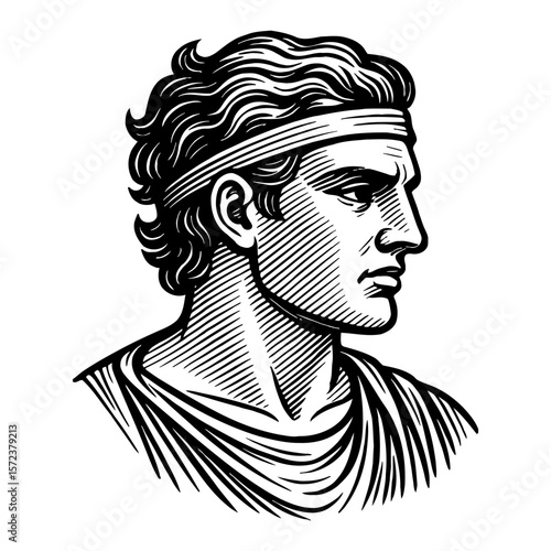 Ancient Roman Greek Man Head Profile Sculpture Bust Black and White Outline Line Art Drawing Vintage Engraving