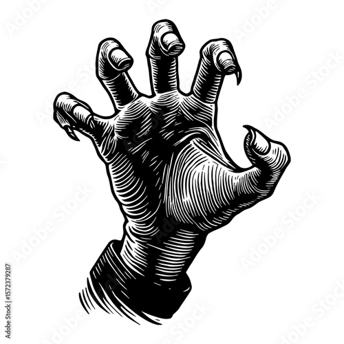Spooky Monster Zombie Hand with Sharp Claws Black and White Outline Line Art Drawing Grasping Pose