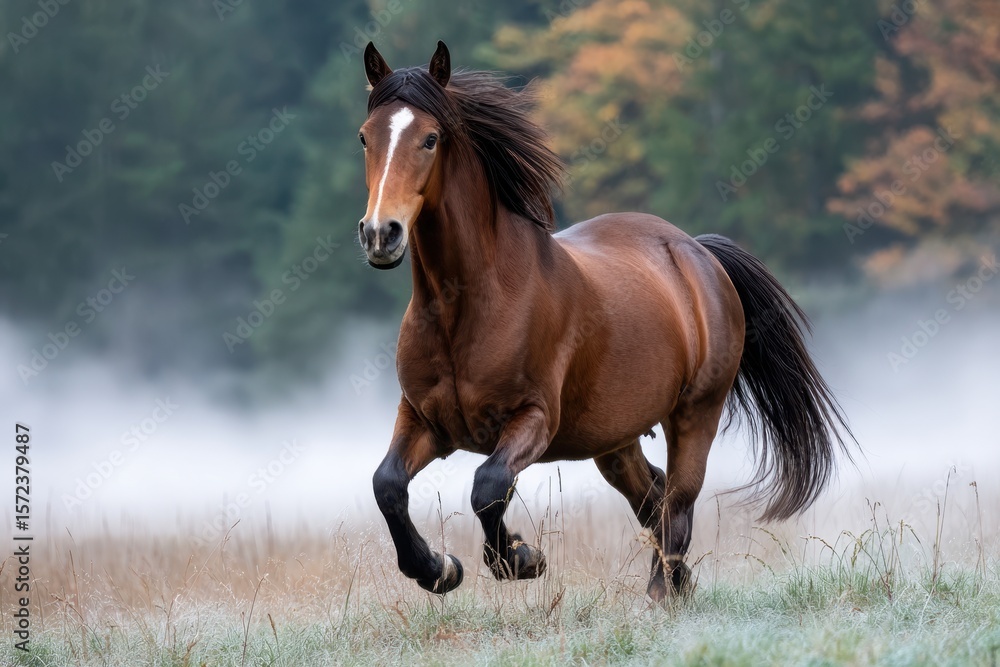 Brown horse running freely in a misty meadow at dawn in a serene forest setting Brown horse running freely in a misty meadow at dawn in a serene forest setting