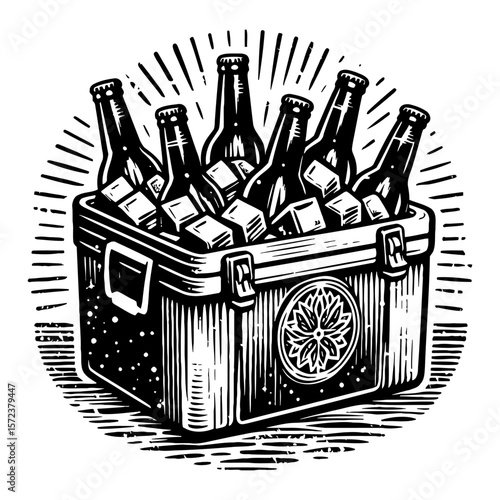 Cooler Box with Beer Bottles and Ice Cubes Black and White Outline Line Art Drawing