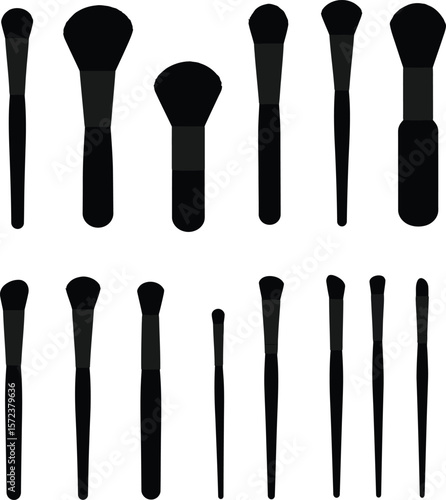 Vector makeup product illustration set: various beauty essentials including brushes, lipstick, and compact powder. Perfect for cosmetics, fashion, and beauty industry designs.