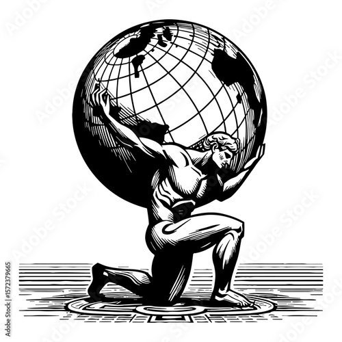 Atlas Man Holding Globe on Knees Black and White Outline Line Art Drawing Illustration Graphic