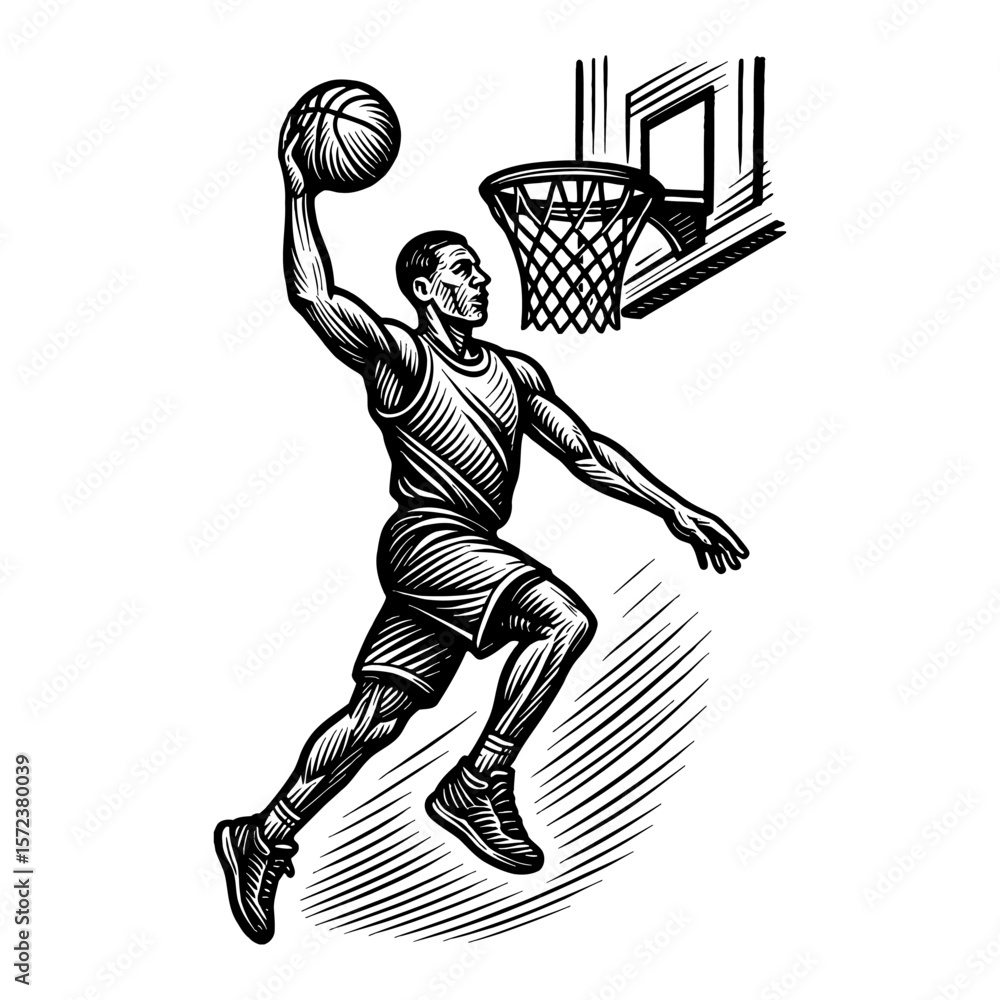 Fototapeta premium Dynamic Basketball Player Dunking Action Black and White Outline Line Art Drawing with Hoop