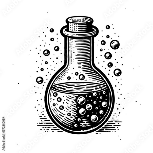 Erlenmeyer Flask with Bubbles in Black and White Outline Line Art Drawing Scientific Illustration