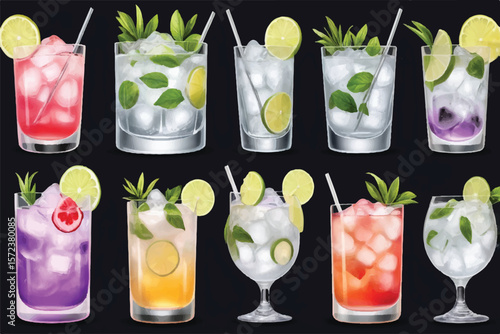 Gin and Tonic, Paloma cocktail PNG set bundle, transparent isolated background. Mixology, bar menu cocktails, colorful vibrant refreshing drink