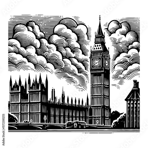 London City View with Big Ben and Clouds in Black and White Outline Line Art Drawing Style