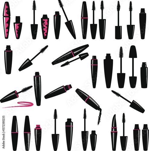 Vector mascara illustration set: various open and closed black beauty products for eye makeup. Perfect for cosmetics, fashion, and beauty industry designs, isolated on white background.