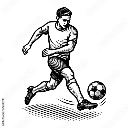Male Soccer Player Kicking Football Action in Dynamic Black and White Outline Line Art Drawing Vector Illustration