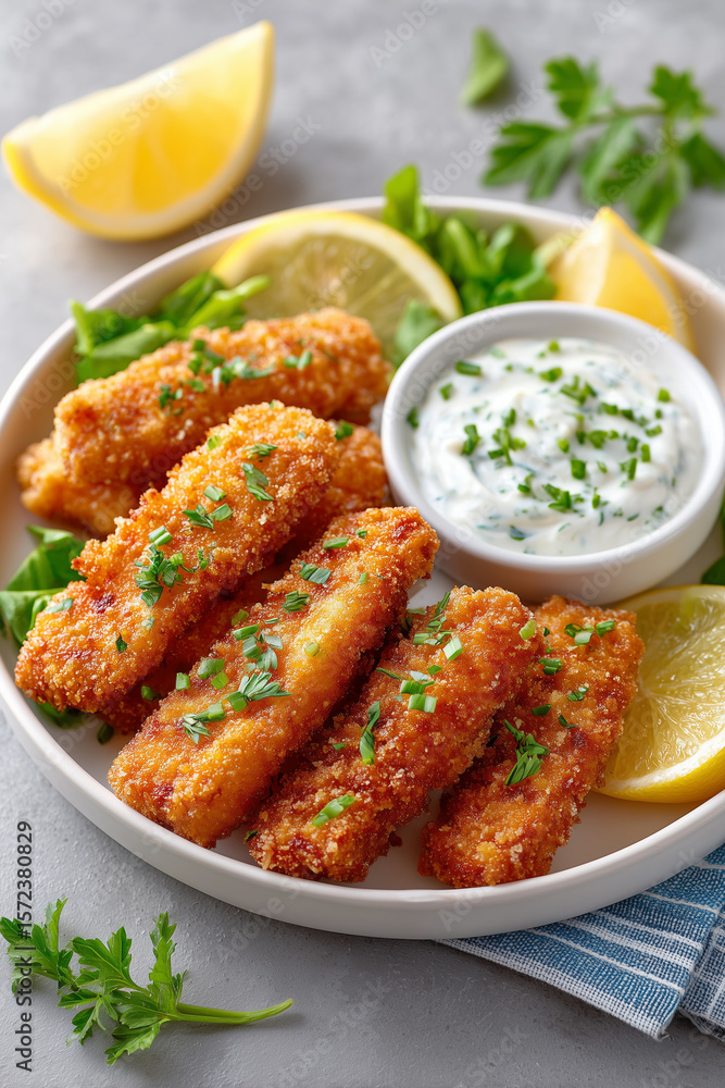 A plate of fried fish with a side of lemon wedges and parsley A plate of fried fish with a side of lemon wedges and parsley
