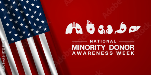 August is National Minority Donor Awareness Week. American flag, lung, heart and more. Suitable for posters, banners and social media. Red background.