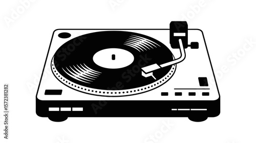 Turntable Vector Illustration. Retro Vinyl Record Player Silhouette  Design