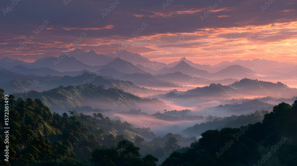 Obraz premium Sunrise over Misty Rainforest Mountains
