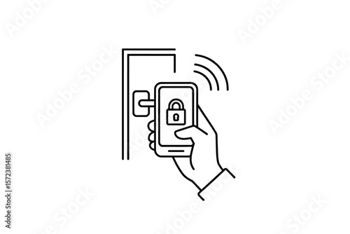 Hand holding phone with lock screen near smart door handle for secure access system illustration