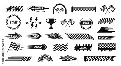 Racing Flags and Checkered Finish Line Design Elements Set | Motorsport Icons for Speed, Start, Finish, and Victory