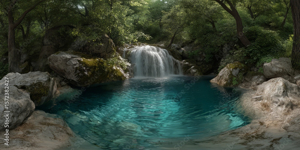 Naklejka premium Nature waterfall scene lush forest hdr 360 degrees hdri view