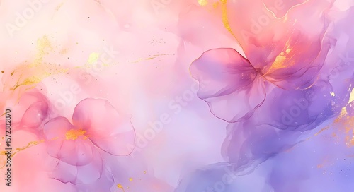 Abstract watercolor painting with delicate pink and purple floral shapes accented by shimmering gold ink and glitter