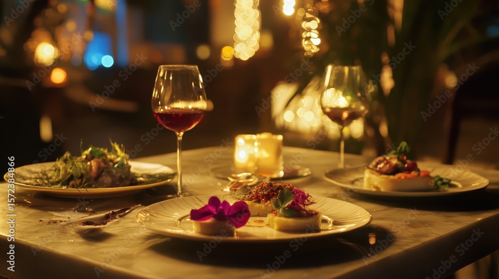 Obraz premium Romantic Dinner Setting with Elegant Dishes and Wine at Night