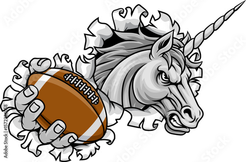 Unicorn horse stallion American football angry sports team mascot holding a ball.